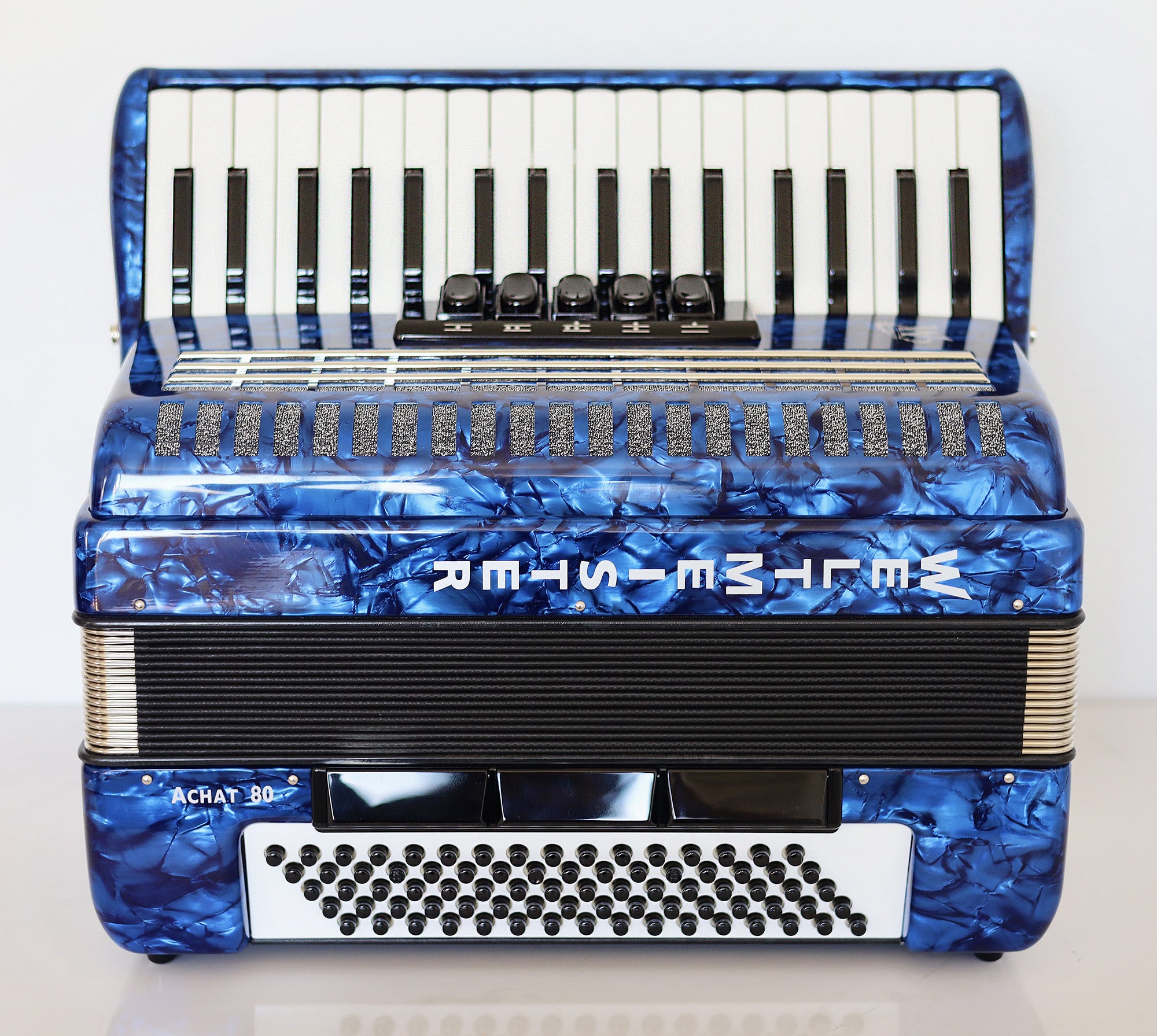 NEW Weltmeister Achat 80 Piano Accordion made in Germany, 80 Bass buttons, Original New Straps and Case, Keyboard Accordian, Blue Pearloid