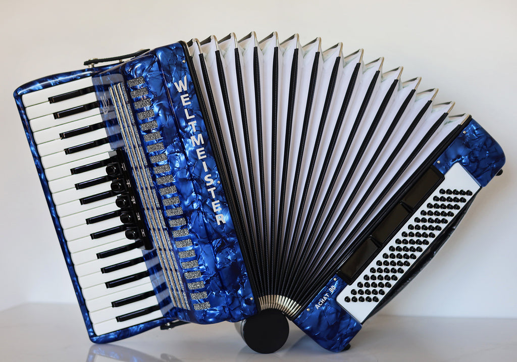 NEW Weltmeister Achat 80 Piano Accordion made in Germany, 80 Bass buttons, Original New Straps and Case, Keyboard Accordian, Blue Pearloid