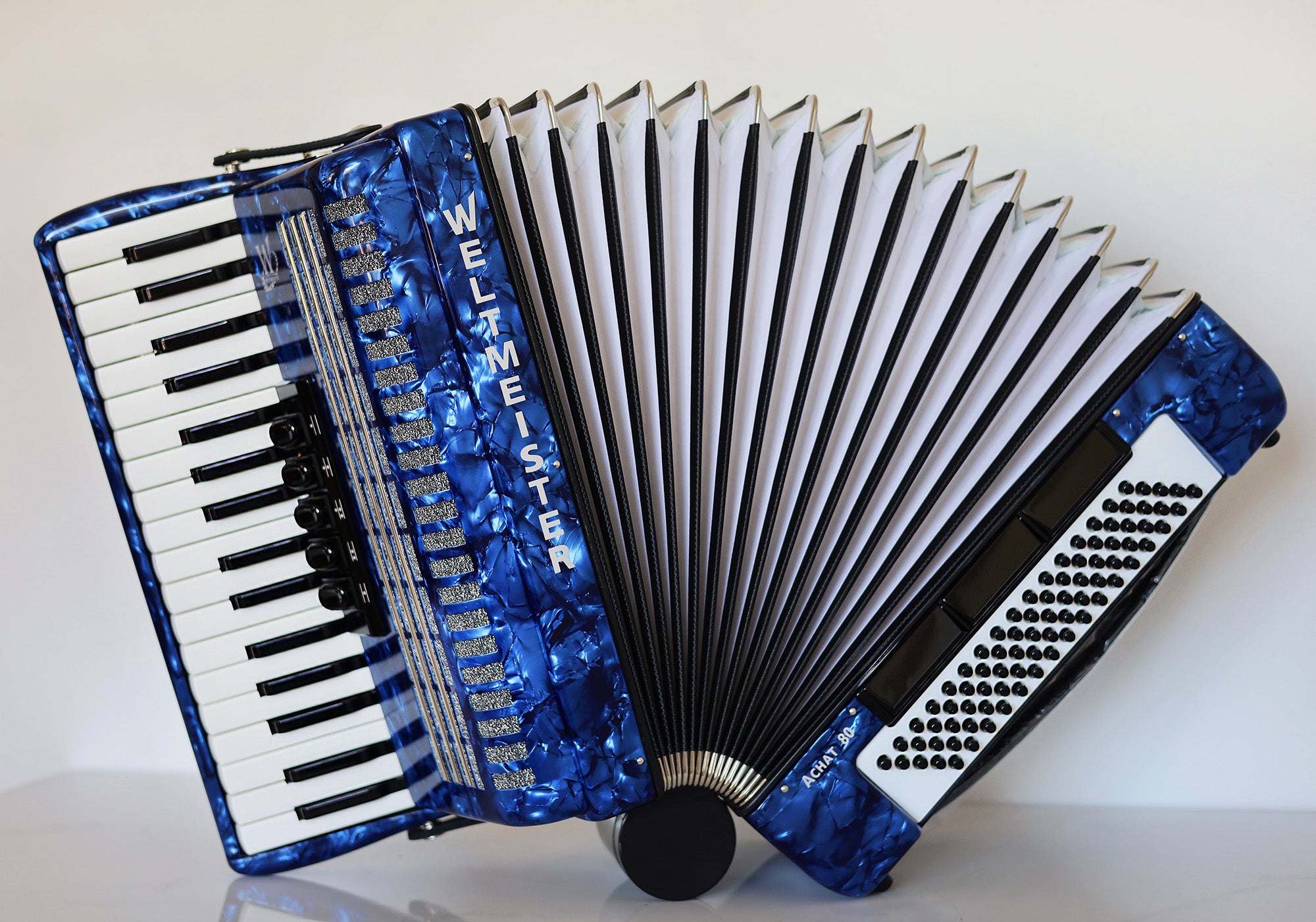 NEW Weltmeister Achat 80 Piano Accordion made in Germany, 80 Bass buttons, Original New Straps and Case, Keyboard Accordian, Blue Pearloid