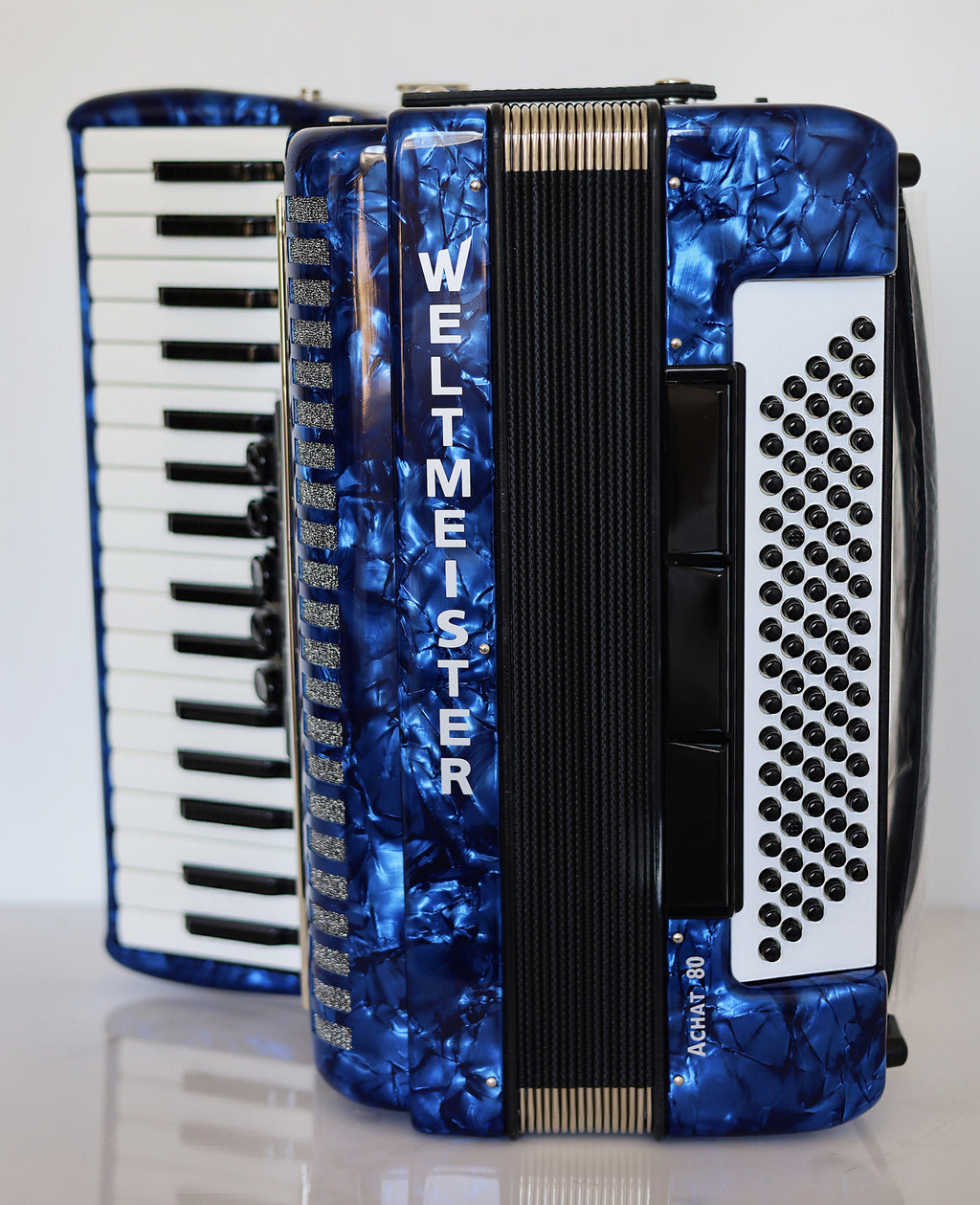 NEW Weltmeister Achat 80 Piano Accordion made in Germany, 80 Bass buttons, Original New Straps and Case, Keyboard Accordian, Blue Pearloid