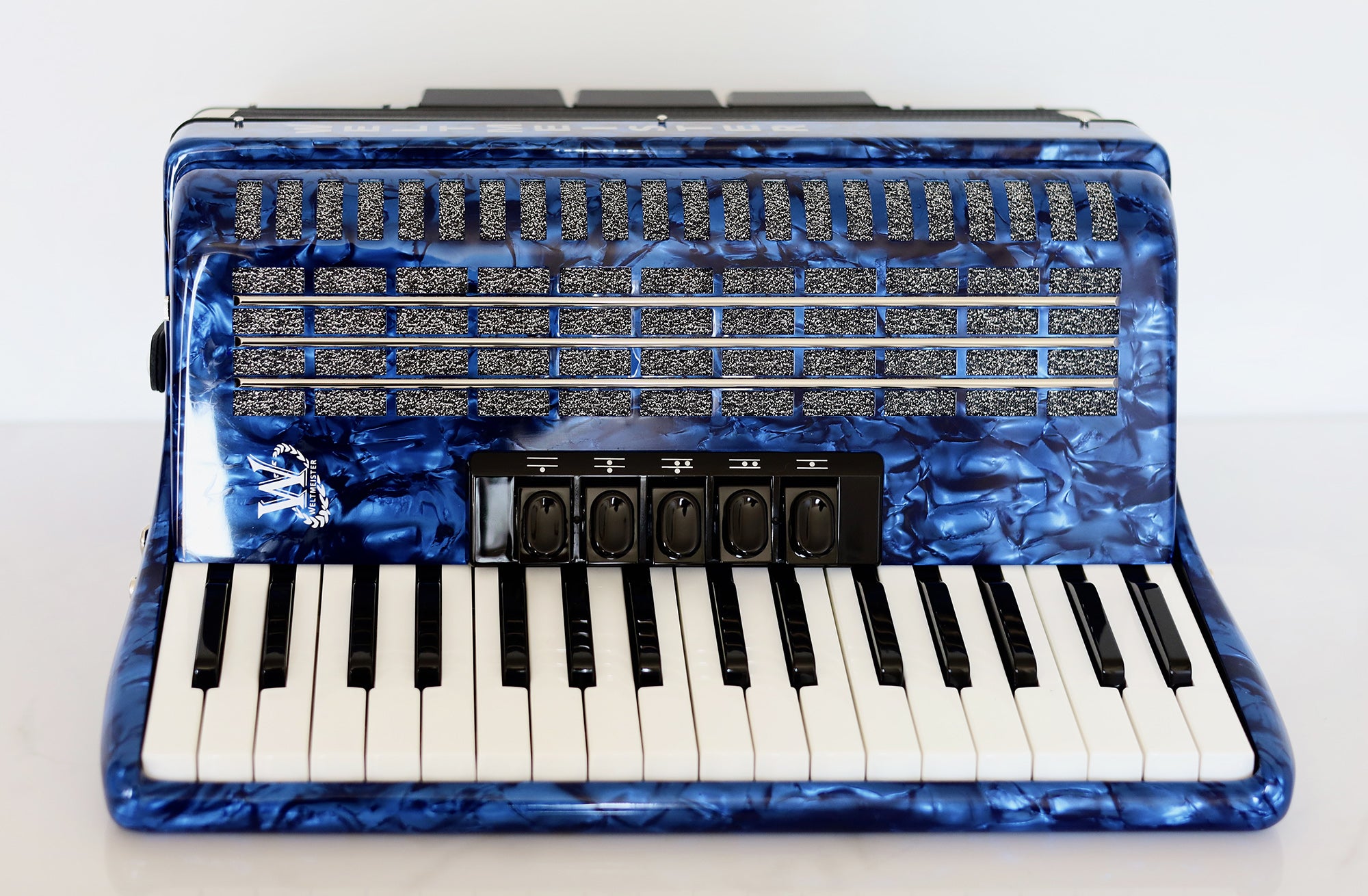 NEW Weltmeister Achat 80 Piano Accordion made in Germany, 80 Bass buttons, Original New Straps and Case, Keyboard Accordian, Blue Pearloid