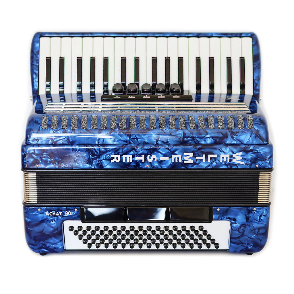 NEW Weltmeister Achat 80 Piano Accordion made in Germany, 80 Bass buttons, Original New Straps and Case, Keyboard Accordian, Blue Pearloid