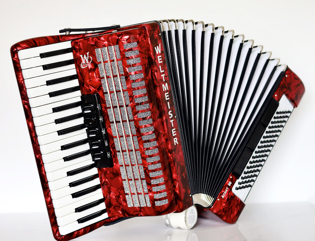 NEW Weltmeister Achat 80 Piano Accordion made in Germany, 80 Bass buttons, Original New Straps and Case, Keyboard Accordian, Red Pearloid