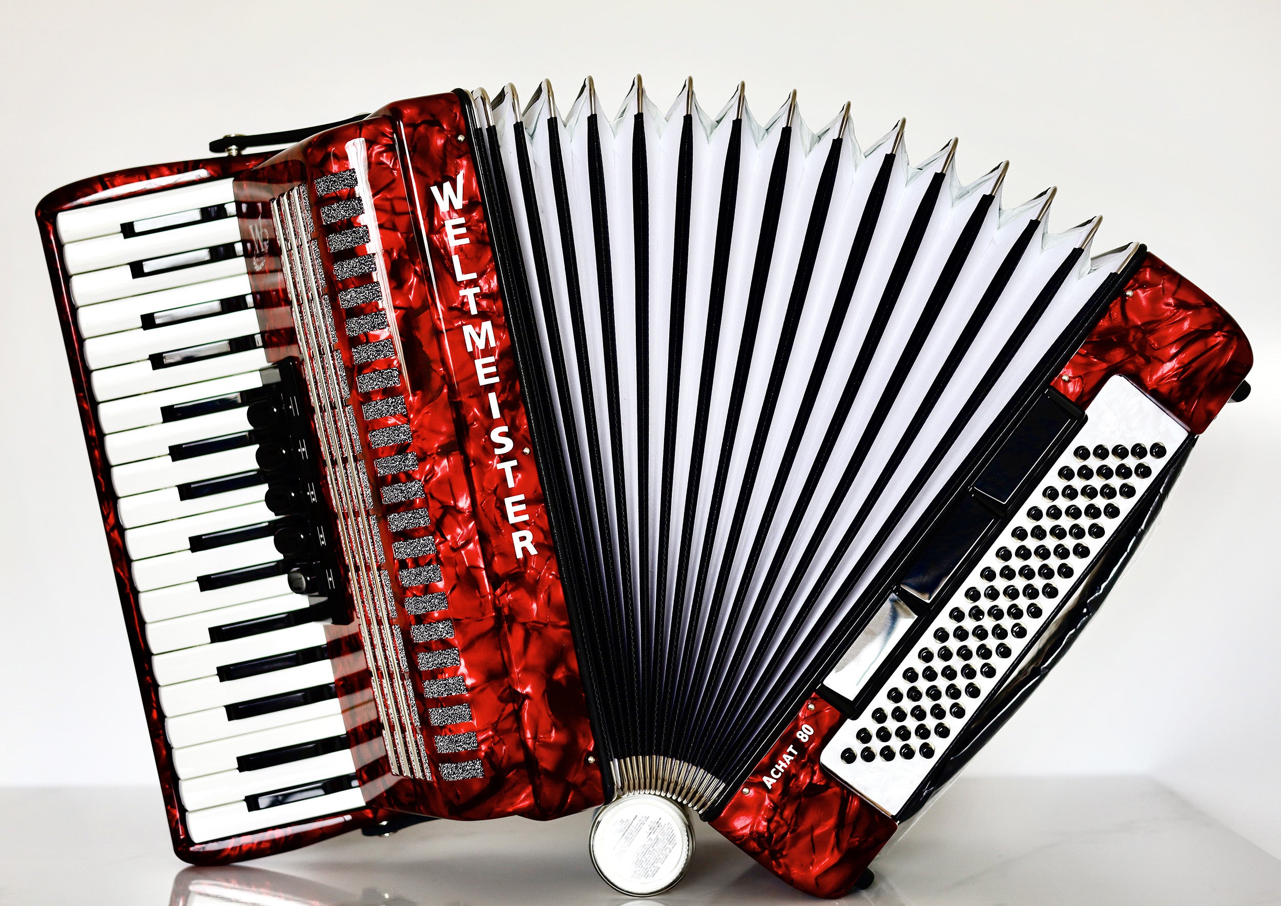 NEW Weltmeister Achat 80 Piano Accordion made in Germany, 80 Bass buttons, Original New Straps and Case, Keyboard Accordian, Red Pearloid