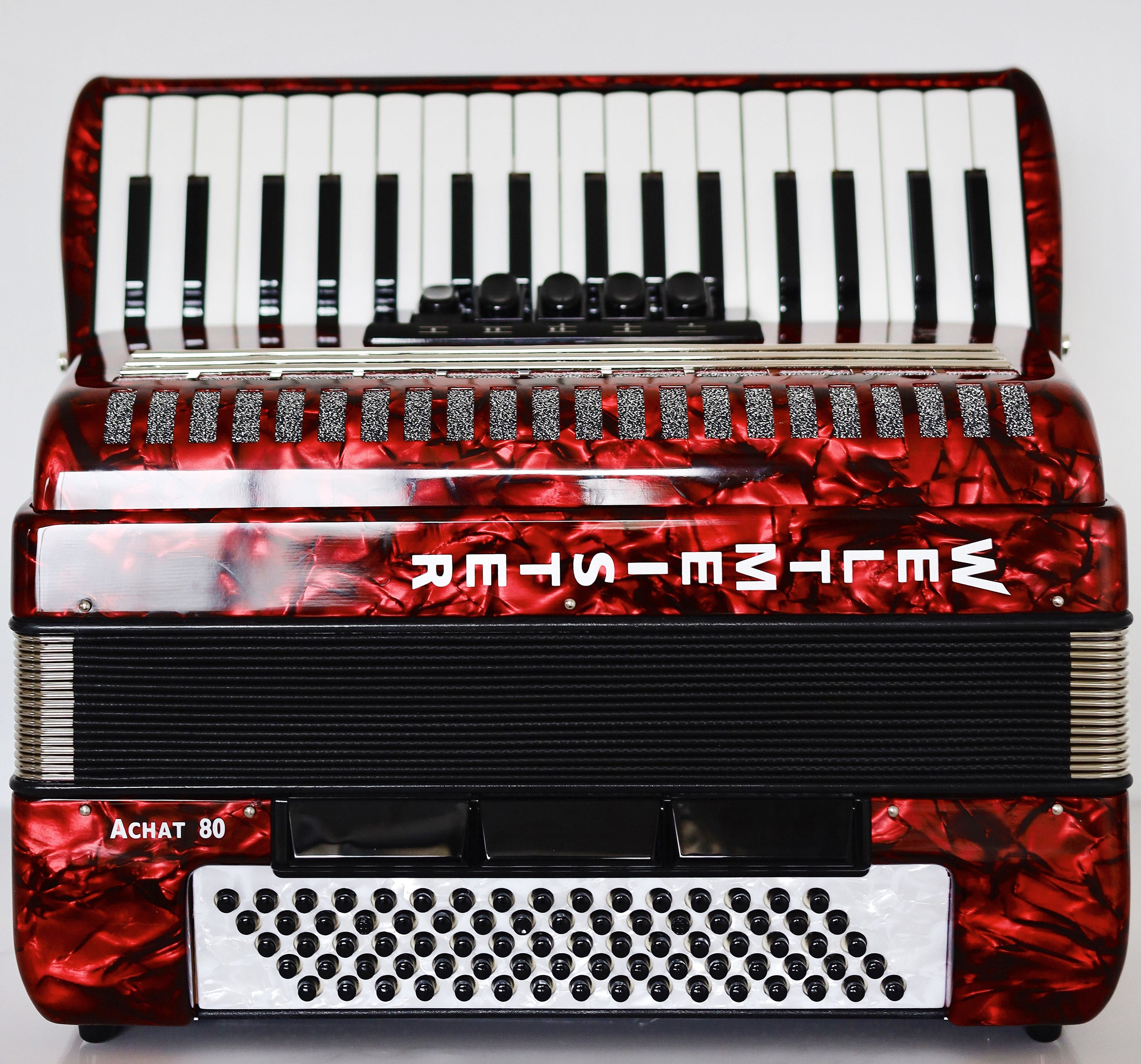 NEW Weltmeister Achat 80 Piano Accordion made in Germany, 80 Bass buttons, Original New Straps and Case, Keyboard Accordian, Red Pearloid
