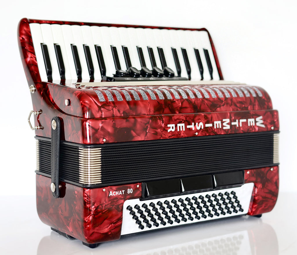 NEW Weltmeister Achat 80 Piano Accordion made in Germany, 80 Bass buttons, Original New Straps and Case, Keyboard Accordian, Red Pearloid
