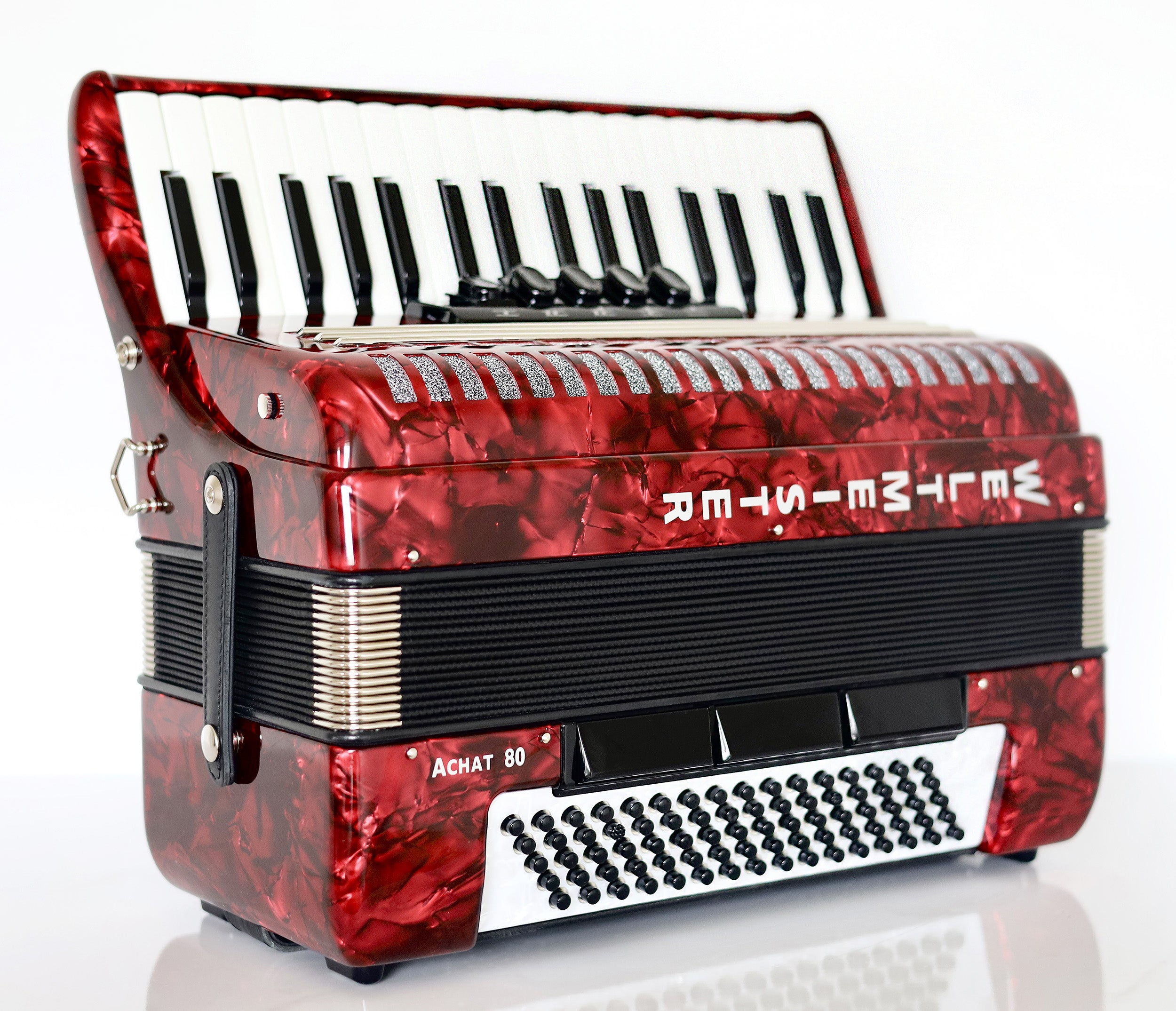 NEW Weltmeister Achat 80 Piano Accordion made in Germany, 80 Bass buttons, Original New Straps and Case, Keyboard Accordian, Red Pearloid