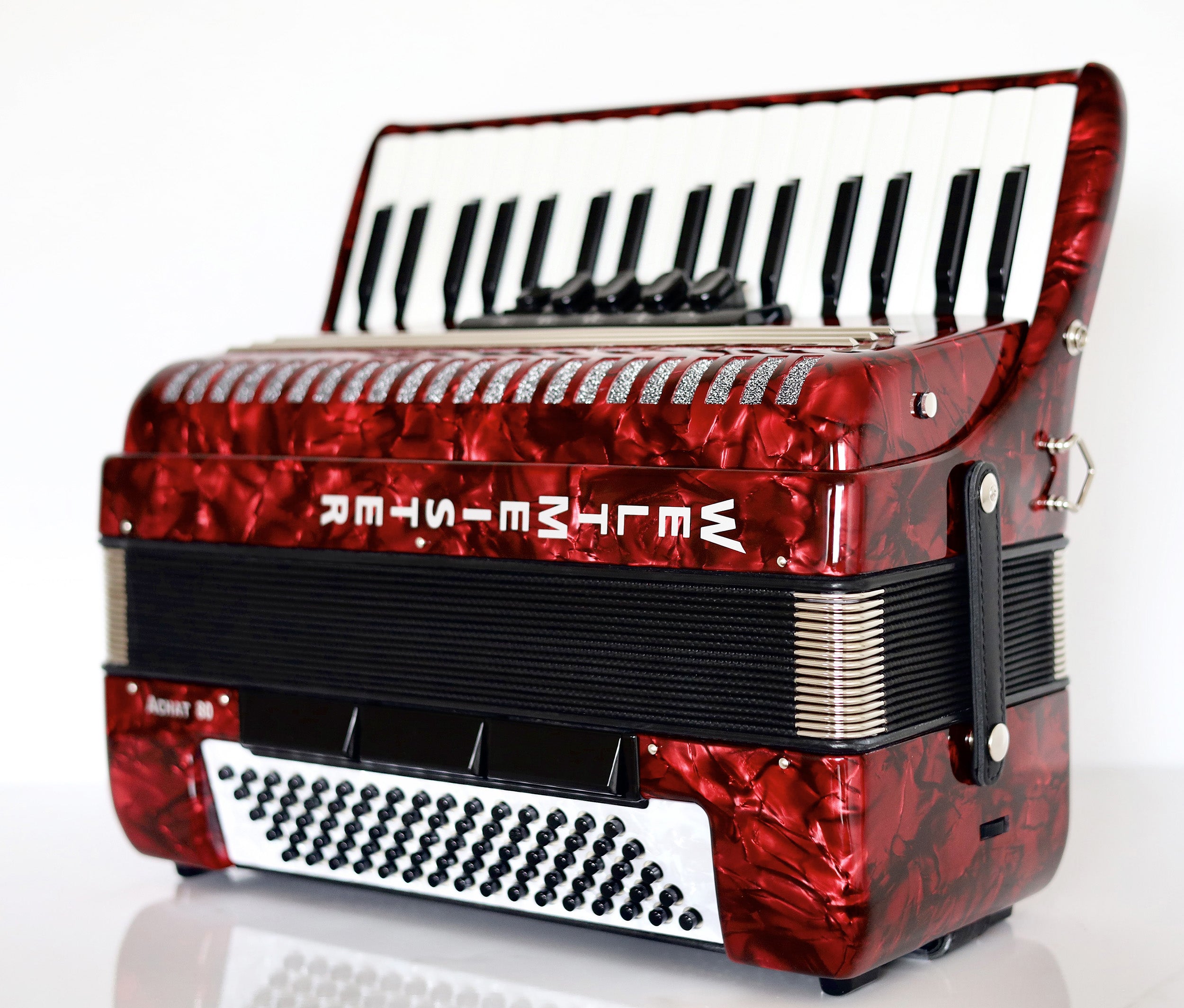 NEW Weltmeister Achat 80 Piano Accordion made in Germany, 80 Bass buttons, Original New Straps and Case, Keyboard Accordian, Red Pearloid