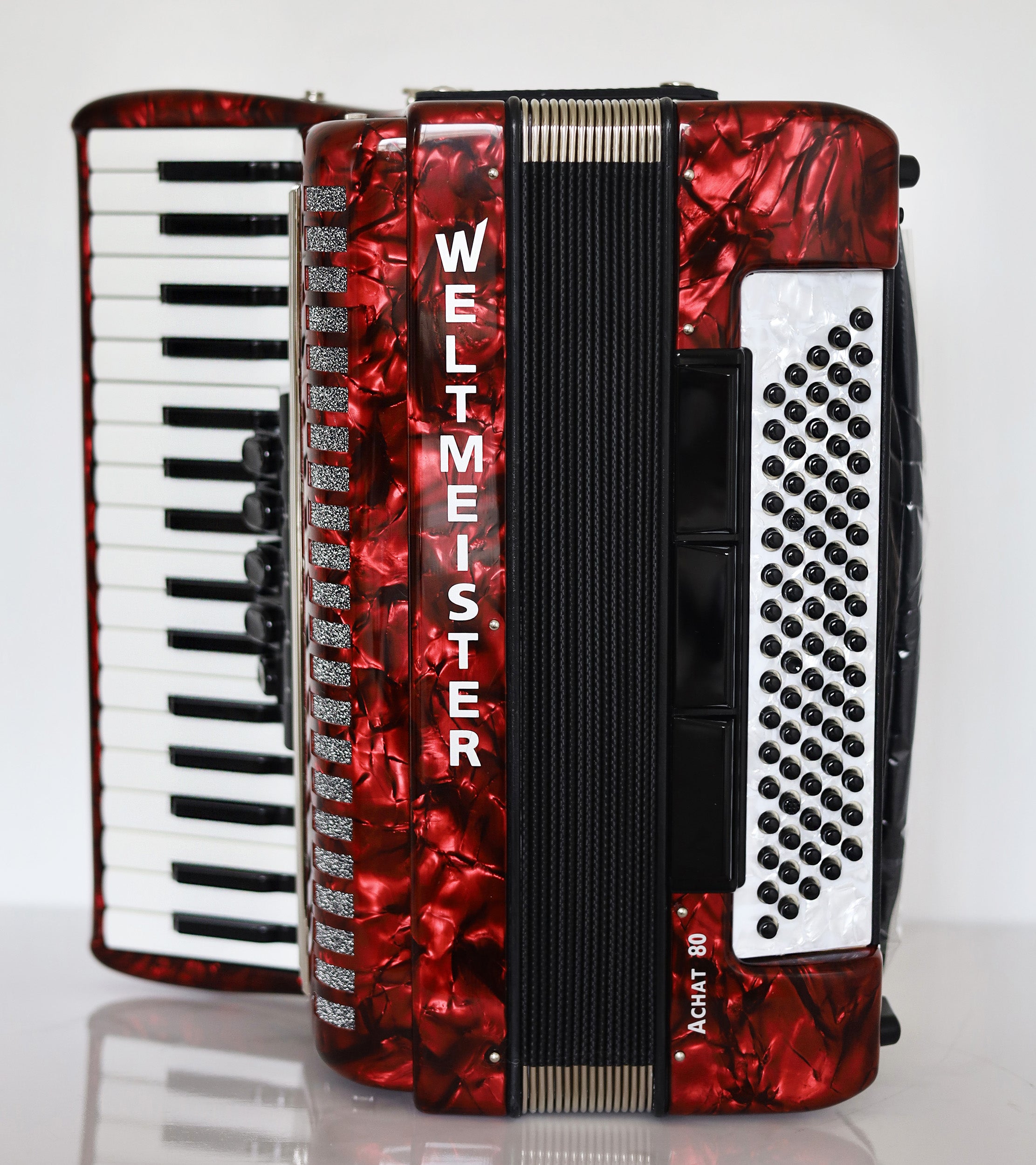 NEW Weltmeister Achat 80 Piano Accordion made in Germany, 80 Bass buttons, Original New Straps and Case, Keyboard Accordian, Red Pearloid