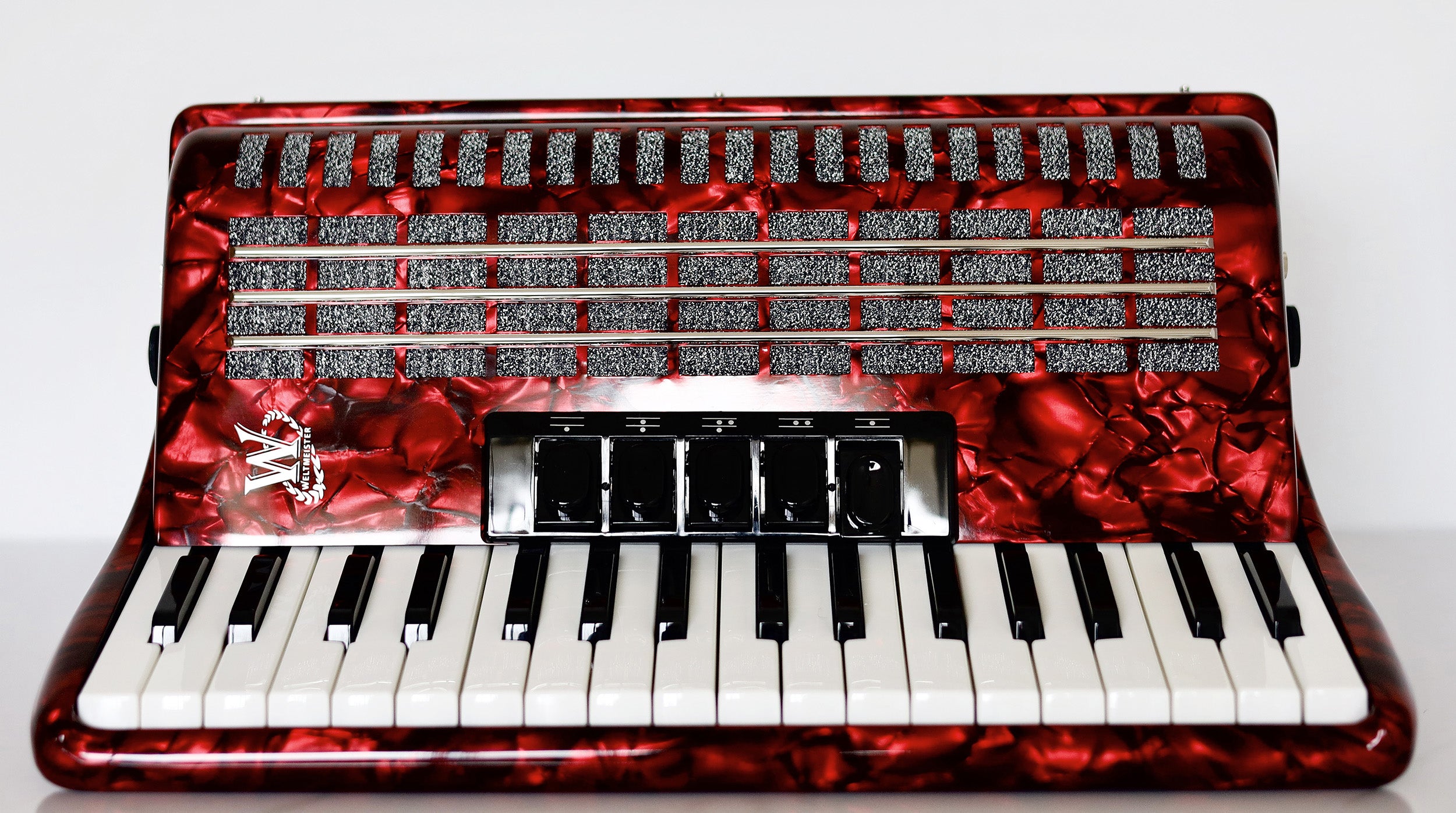 NEW Weltmeister Achat 80 Piano Accordion made in Germany, 80 Bass buttons, Original New Straps and Case, Keyboard Accordian, Red Pearloid