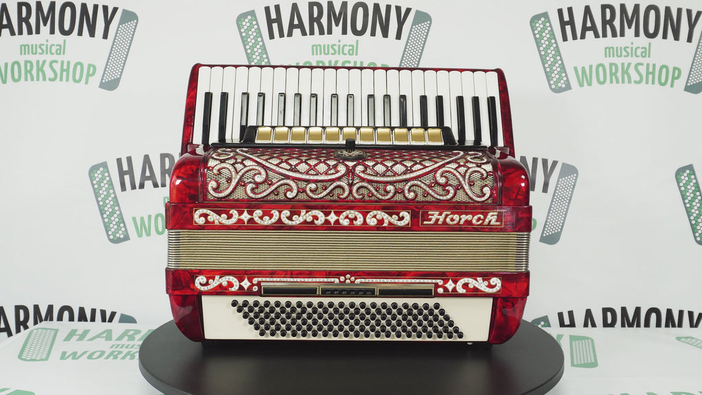 Horch Deluxe Full Size Piano Accordion 120 Bass, made in Germany, New Straps and Hard Case, Powerful Sound! Musical Instrument for Adults! 2606