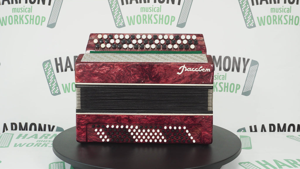 Bayan Button Accordion Rassvet, Folk Accordian Harmonica, Garmoshka, with New Straps, Squeezebox, Old Ukrainian Bayan Accordion Instrument, 2614