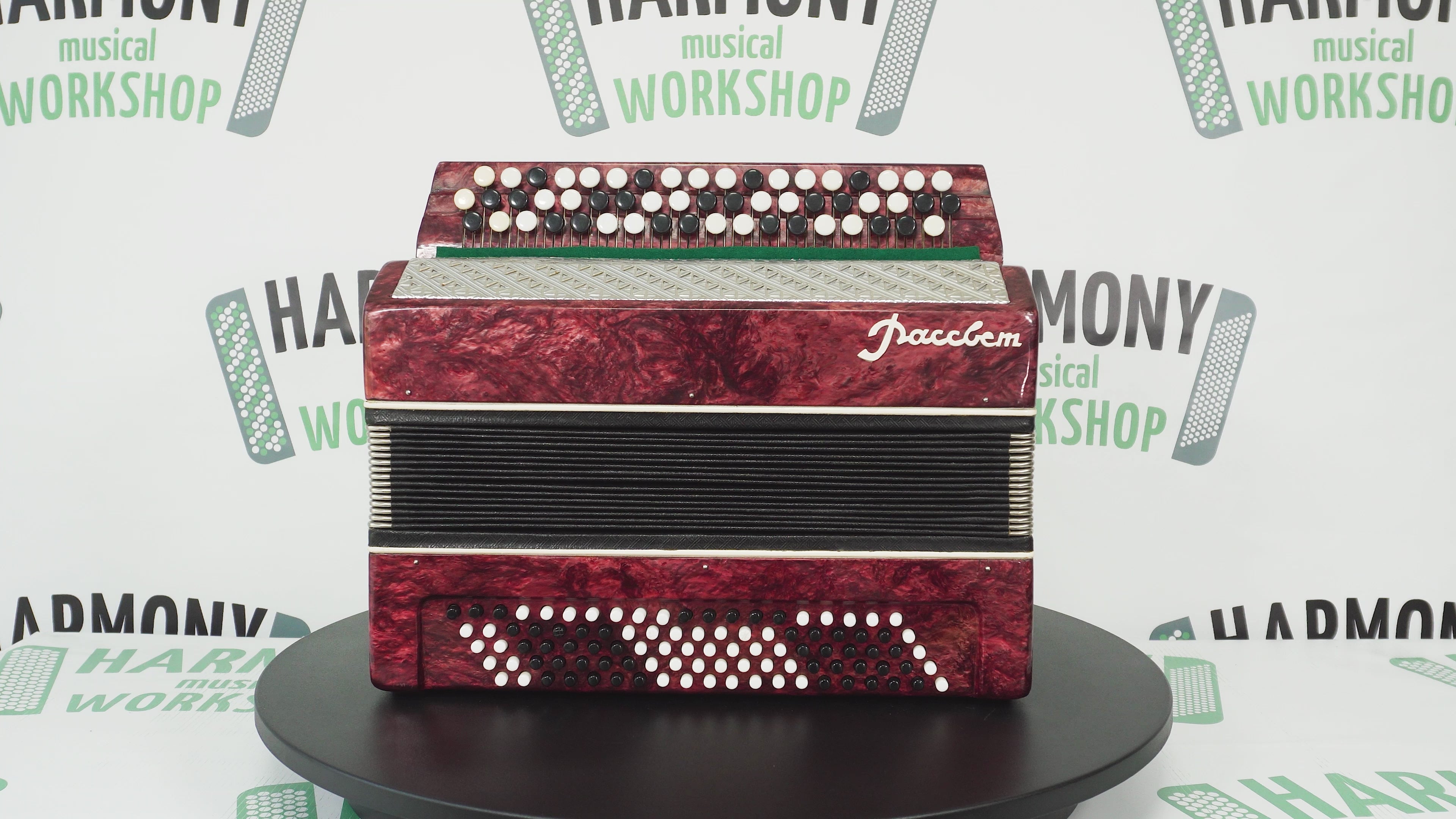 Bayan Button Accordion Rassvet, Folk Accordian Harmonica, Garmoshka, with New Straps, Squeezebox, Old Ukrainian Bayan Accordion Instrument, 2614