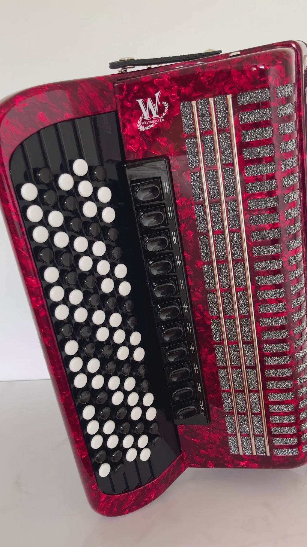 NEW 5 Rows Weltmeister Romance 874 Professional Concert Button Accordion, made in Germany, 120 Bass buttons, B-Gripp, Red-Pearloid, incl. Straps and Case, Item Location USA