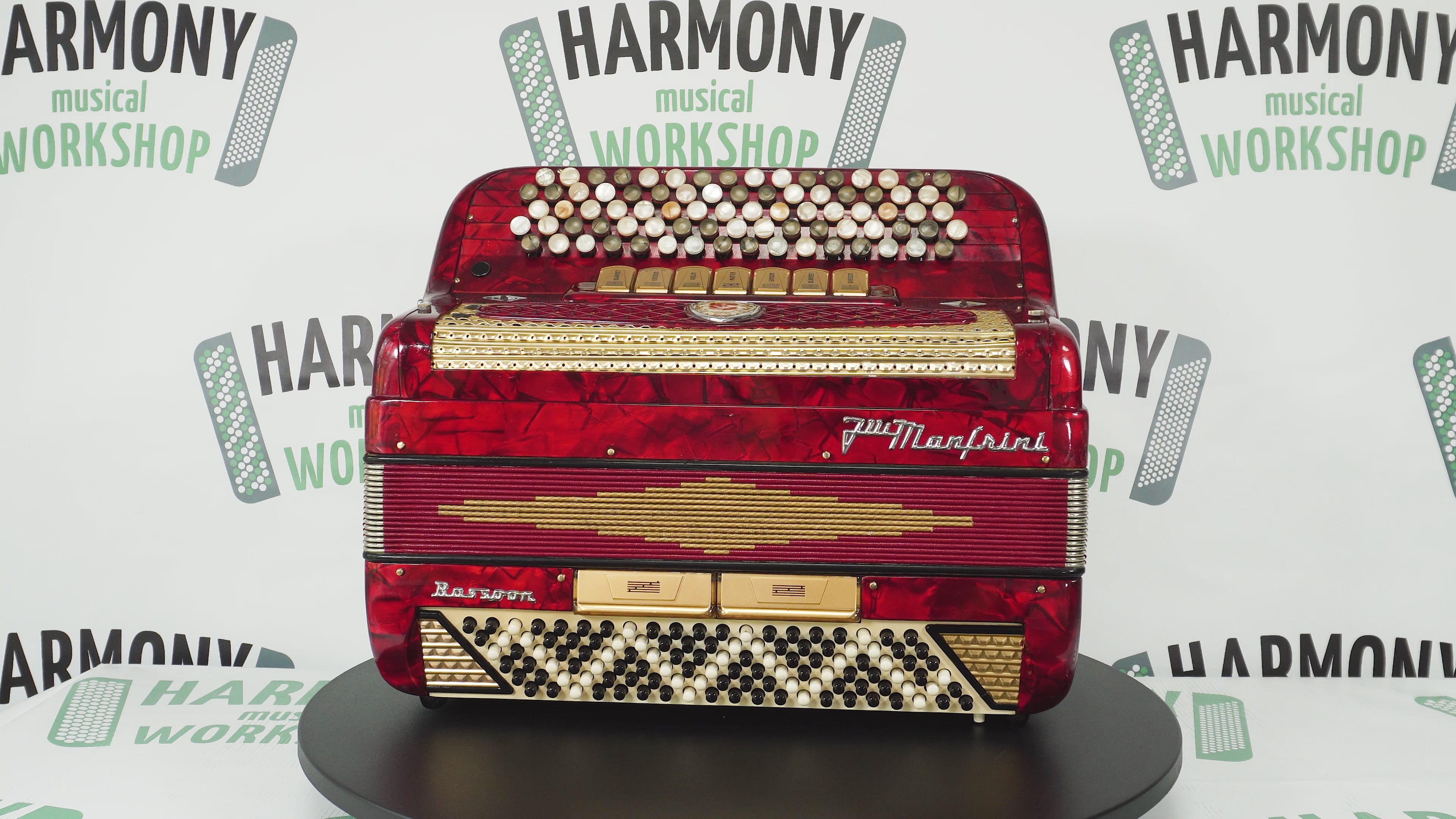 Vintage Manfrini Bassoon 120 Bass 5 Row Button Accordion, made in Italy, C Griff, New Straps, Rare Original Musical Instrument, 2601