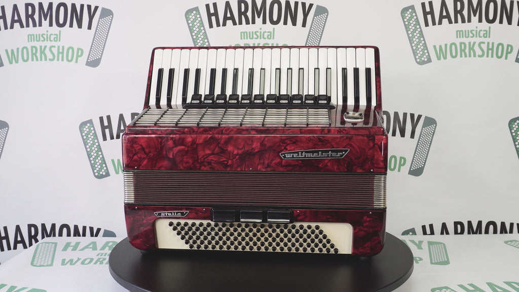 Weltmeister Stella Akkordeon 120 Bass, deutsches Akkordeon Instrument, neue Riemen und Soft Case als Geschenk, originales Tasten-Klavier-Akkordeon, 2675