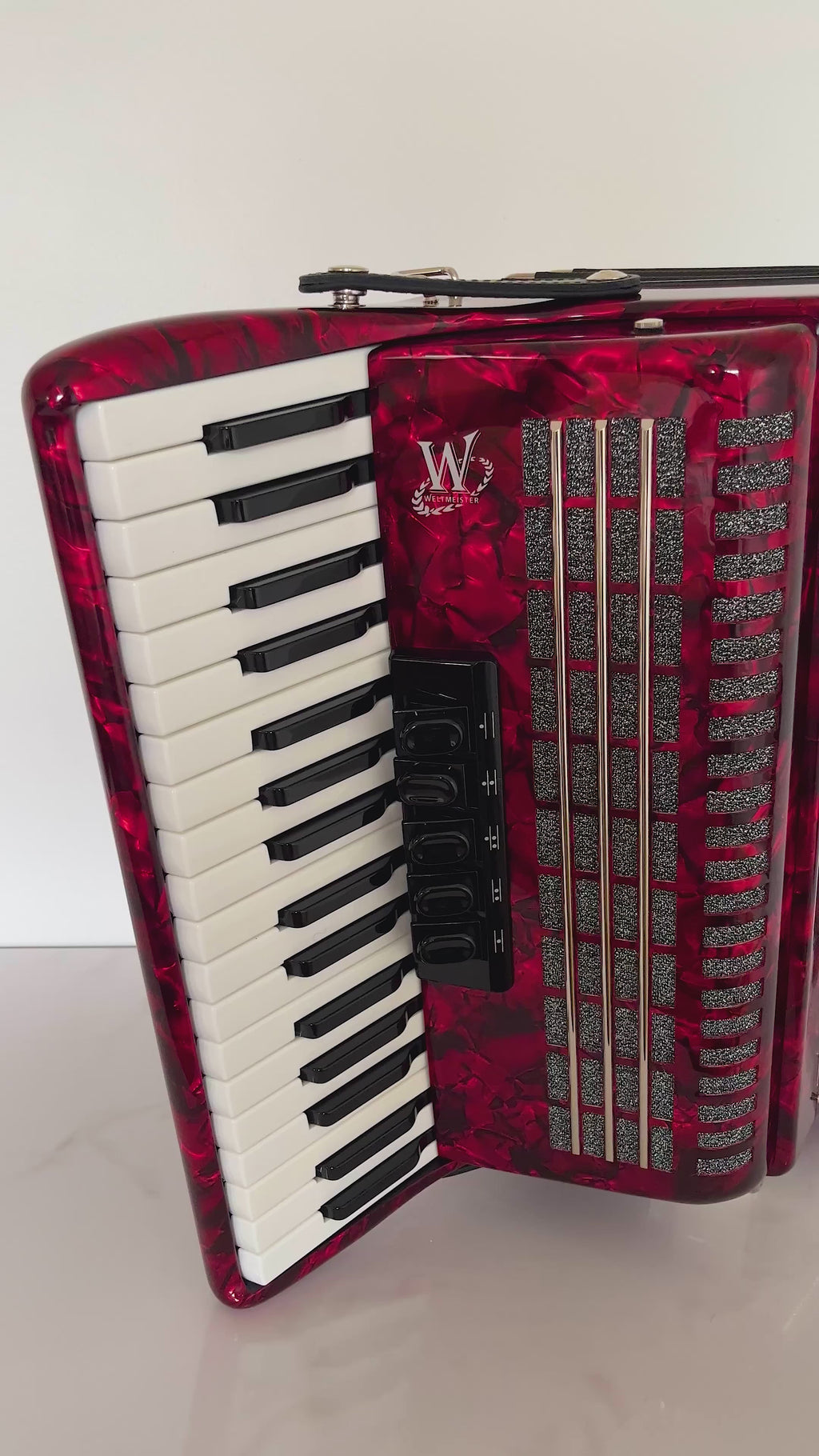 NEW Weltmeister Achat 80 Piano Accordion made in Germany, 80 Bass buttons, Original New Straps and Case, Keyboard Accordian, Red Pearloid