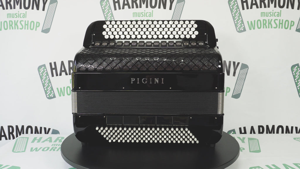 PIGINI Professional 5 Row Button Accordion 120 Bass C Griff, Double Cassotto, made in Italy, Straps and Case, 2716