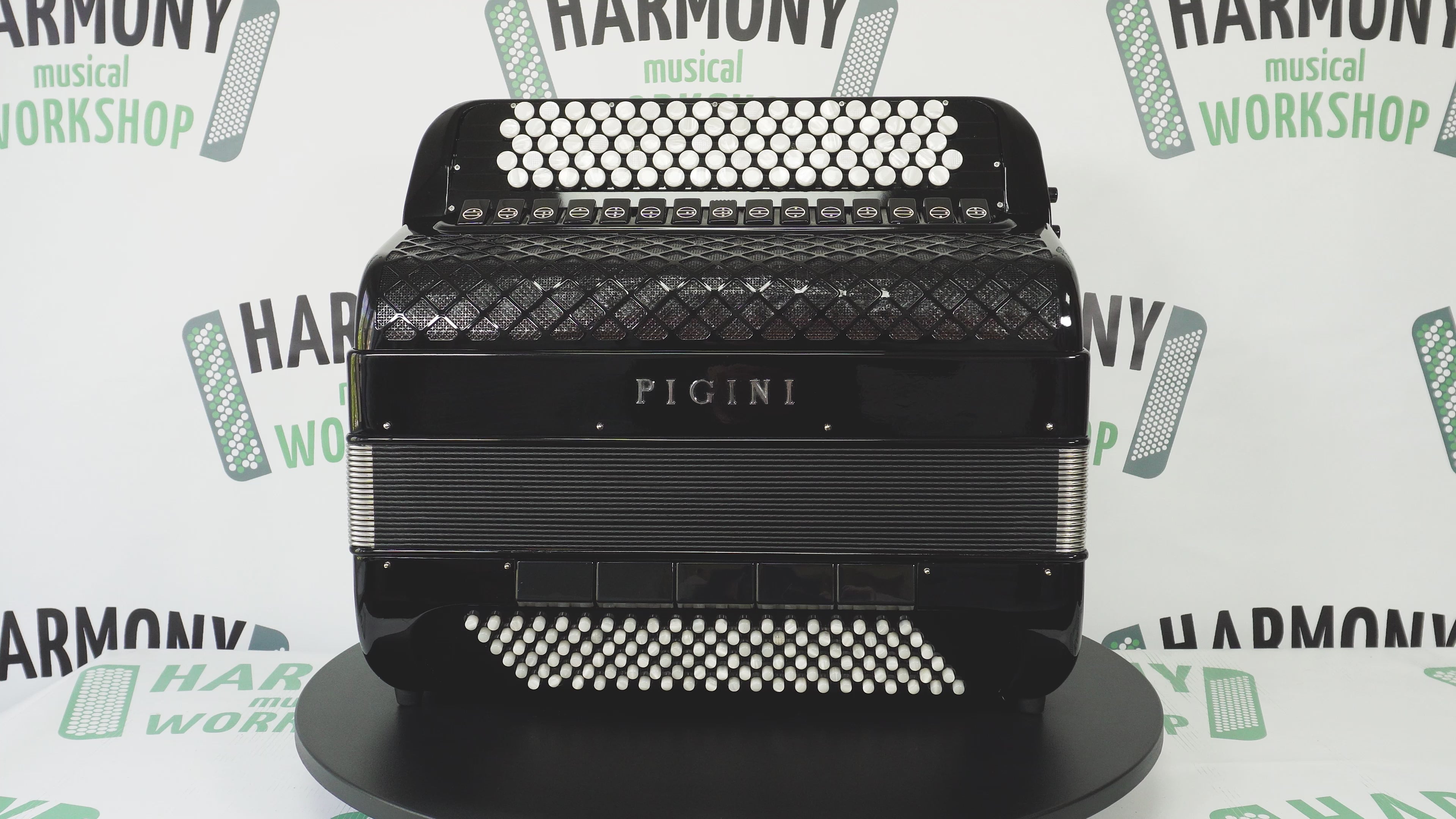 PIGINI Professional 5 Row Button Accordion 120 Bass C Griff, Double Cassotto, made in Italy, Straps and Case, 2716