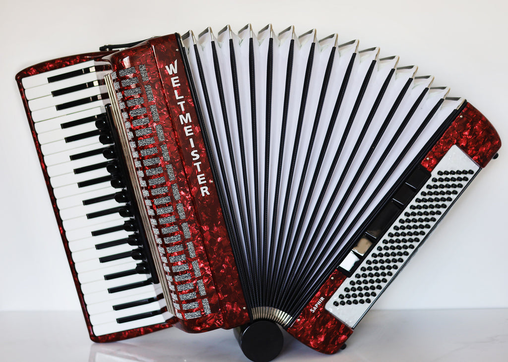 NEW Weltmeister Saphir Red Pearl Piano Accordion, made in Germany, 120 Bass buttons, Full-size Keyboard Accordian, incl. Straps and Case, Item Location USA