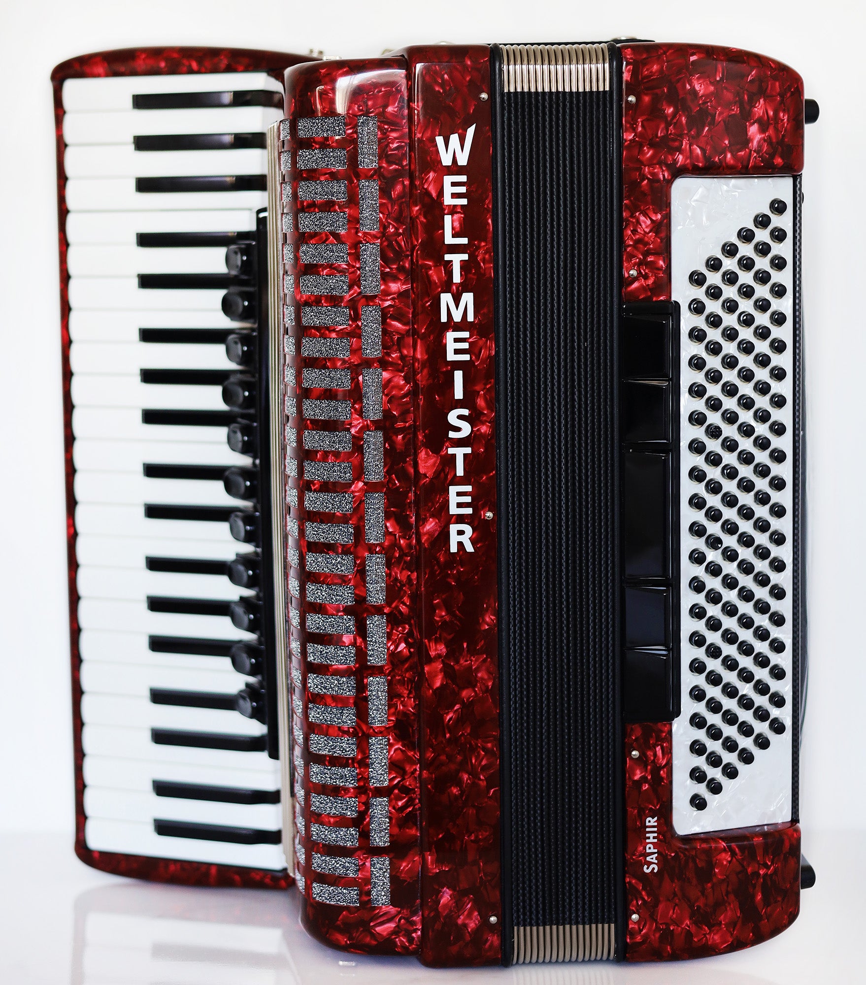 NEW Weltmeister Saphir Red Pearl Piano Accordion, made in Germany, 120 Bass buttons, Full-size Keyboard Accordian, incl. Straps and Case, Item Location USA