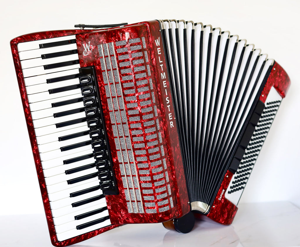 NEW Weltmeister Saphir Red Pearl Piano Accordion, made in Germany, 120 Bass buttons, Full-size Keyboard Accordian, incl. Straps and Case, Item Location USA